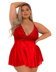 Front view of SATIN AND LACE PLUS SIZE RED BABYDOLL