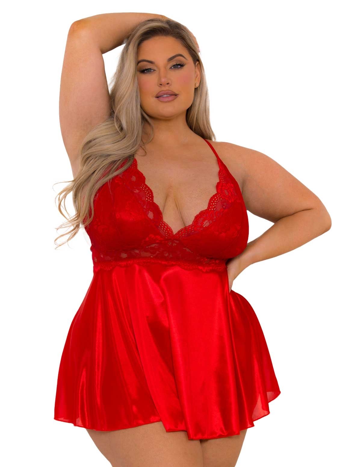 alternate image for Satin And Lace Plus Size Red Babydoll
