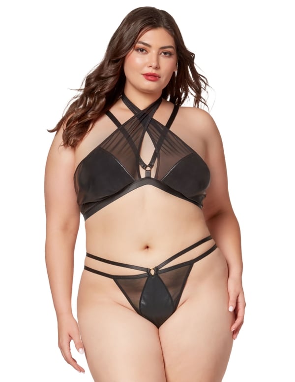 Midnight Love 2Pc Plus Size Vegan Leather Bra And Thong Set default view Color: BK