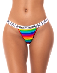 Front view of SHE/HER RAINBOW THONG