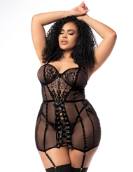 Front view of SULTRY SIREN PLUS SIZE CHEMISE WITH GARTERS