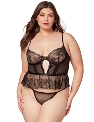 Front view of THE TEMPTRESS BLACK PLUS SIZE CAMIDOLL AND PANTY SET