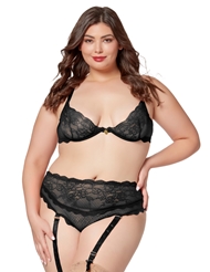 Front view of THE TEMPTRESS 2PC BLACK PLUS SIZE BRA AND GARTER PANTY SET