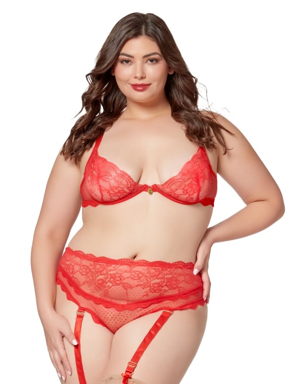 The Temptress 2Pc Red Plus Size Bra And Garter Panty Set default view Color: RD