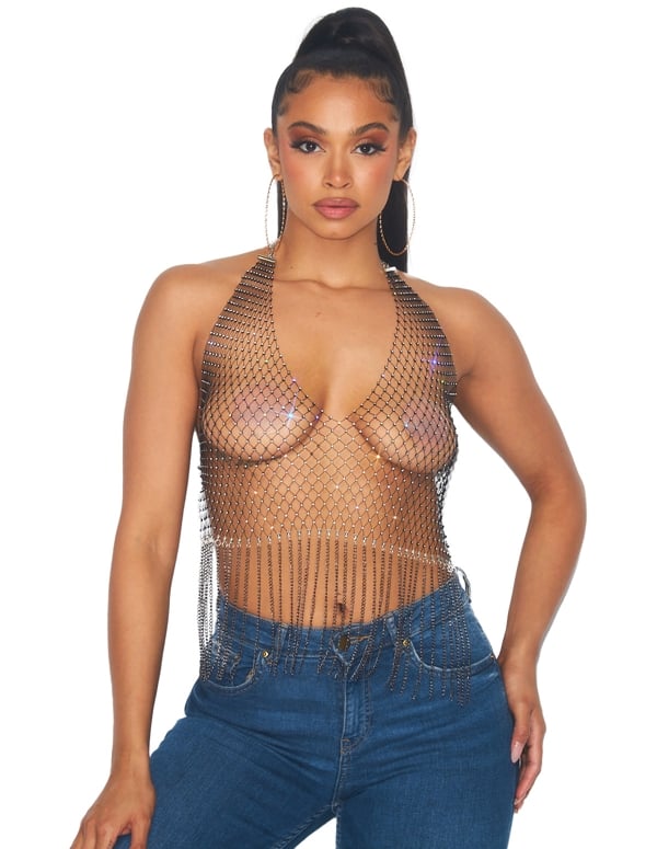 Rhinestone Net And Chain Crop Top default view Color: BK