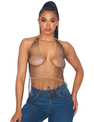 Front view of RHINESTONE NET AND CHAIN CROP TOP
