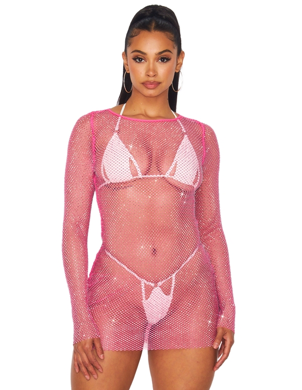 Pink Rhinestone Long Sleeve Mini Dress - HGD8628-PNK-04219 | Lover's Lane