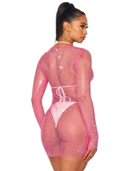 Alternate back view of PINK RHINESTONE LONG SLEEVE MINI DRESS