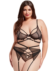 Front view of NOTHING BUT NET 3PC PLUS SIZE BRA AND GARTER SET