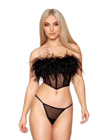 GO FIND LESS MESH BUSTIER WITH FEATHER TRIM - 13036-04019