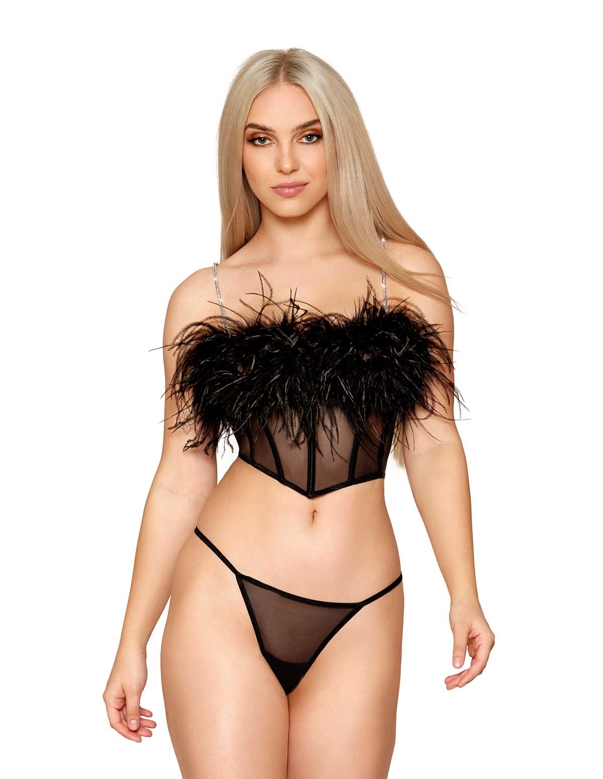 alternate image for Go Find Less Mesh Bustier With Feather Trim