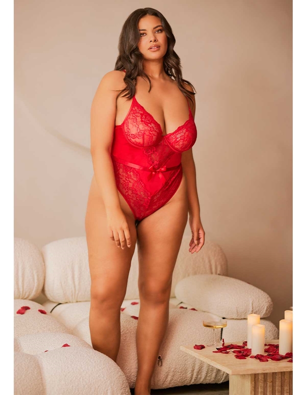 Hailey Plus Size Satin And Bows Teddy ALT2 view Color: RD