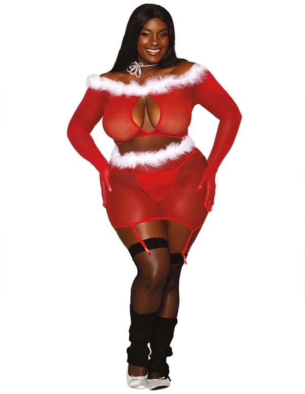 Plus Size Santa 2Pc Fishnet Top And Garter Skirt ALT2 view Color: RU
