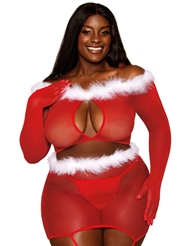 Alternate front view of PLUS SIZE SANTA 2PC FISHNET TOP AND GARTER SKIRT