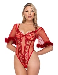 Front view of ROUGE BOW TEDDY WITH MARABOU SLEEVES