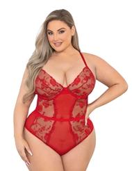 Front view of ROSA EMBROIDERED LACE PLUS SIZE TEDDY