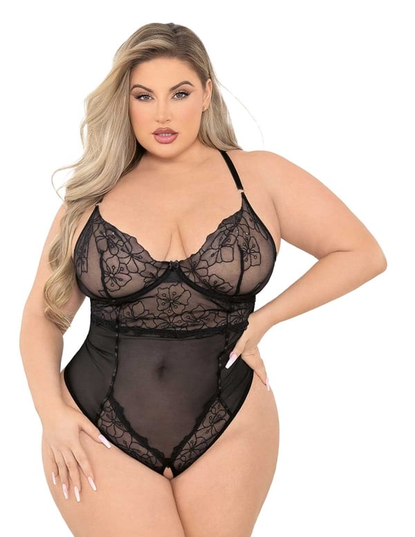 Floral Embroidered Plus Size Crotchless Teddy default view Color: BK