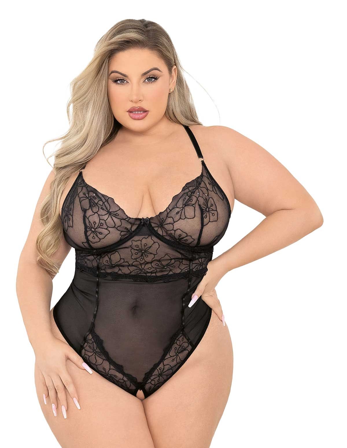 alternate image for Floral Embroidered Plus Size Crotchless Teddy