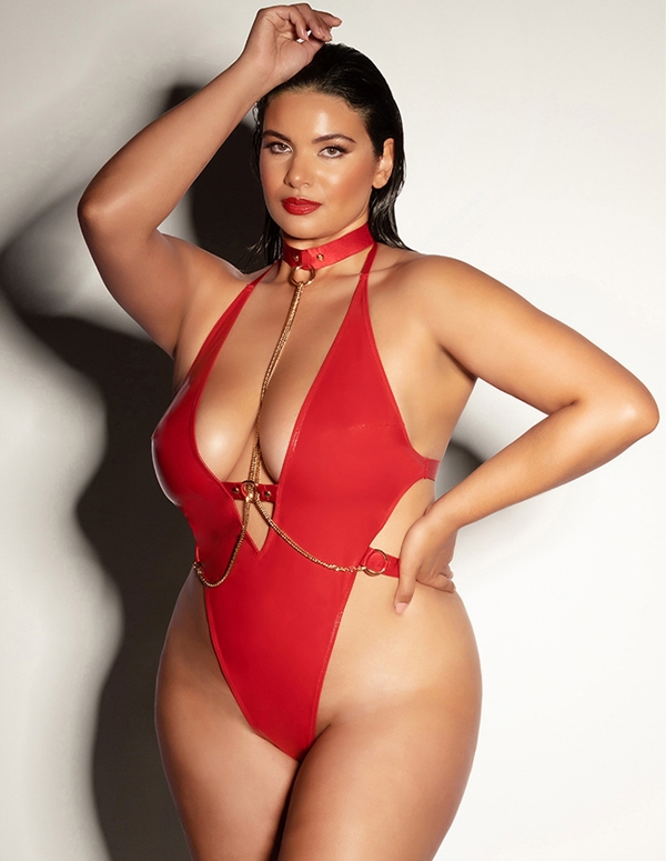 Submissive V-Plunge Vinyl Plus Size Teddy With Cuffs ALT2 view Color: RD