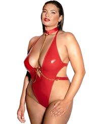 Front view of SUBMISSIVE V-PLUNGE VINYL PLUS SIZE TEDDY WITH CUFFS