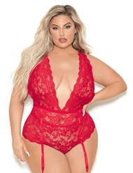 Front view of RED HOT PLUNGING LACE PLUS SIZE TEDDY