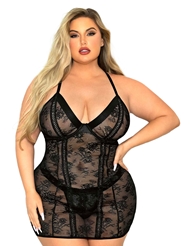 Front view of BOSS LADY LACE UP PLUS SIZE CHEMISE