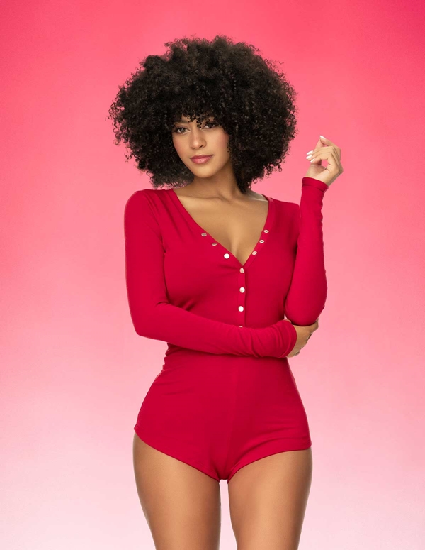 LONG SLEEVE SEXY SLEEP ROMPER ALT2 view Color: RD
