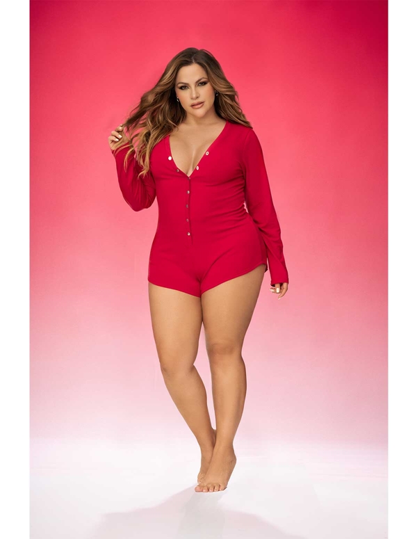 Long Sleeve Sexy Plus Size Sleep Romper ALT2 view Color: RD