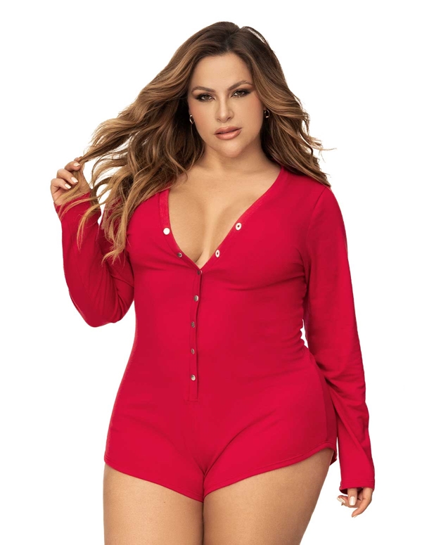 Long Sleeve Sexy Plus Size Sleep Romper default view Color: RD
