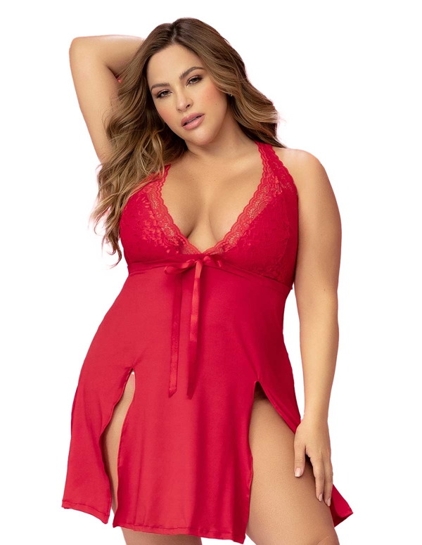 Sexy Plus Size Sleep Chemise With High Side Slits default view Color: RD