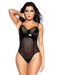Front view of WET LOOK AND MESH TEDDY