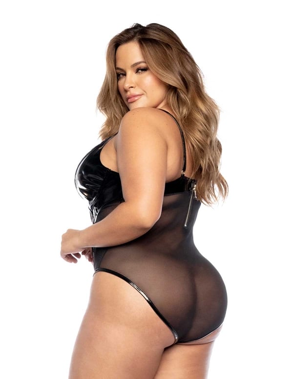 Wet Look And Mesh Plus Size Teddy ALT1 view Color: BK