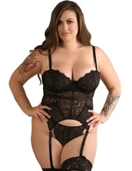Front view of PARKER GARTERED LACE PLUS SIZE BUSTIER AND PANTY