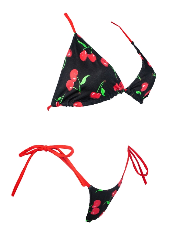 Cherry Print Tri-Top And Tie Side Thong Set ALT2 view Color: RB