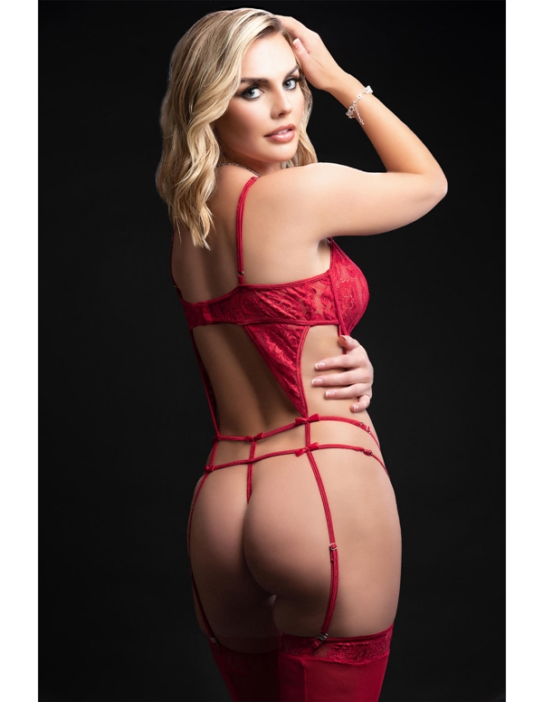 Red Garter Teddy With Stockings ALT3 view Color: RD