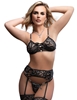 Additional BLACK view of product 3PC BLACK BRA AND GARTER BELT SET with color code BK