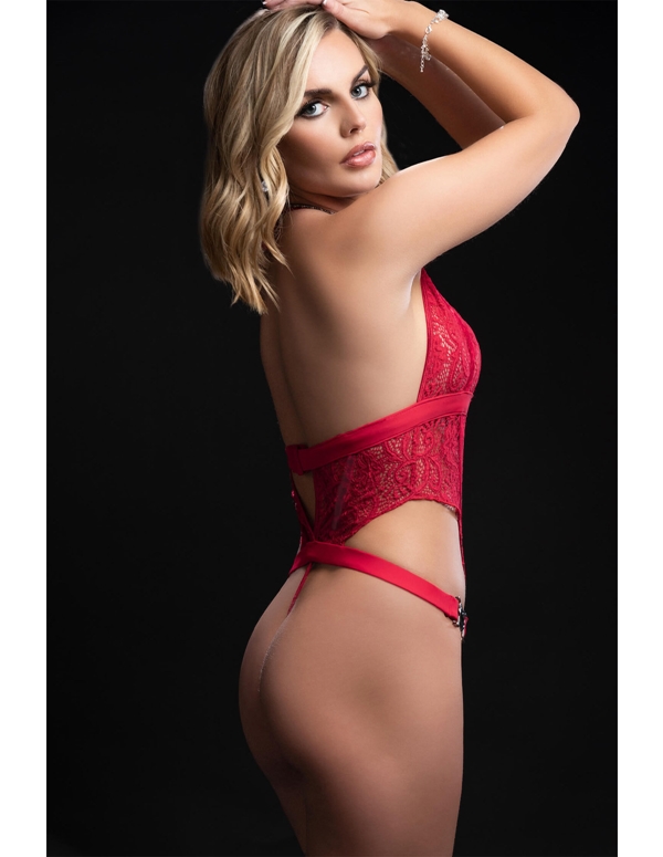 Open Front Red Halter Teddy ALT3 view Color: RD