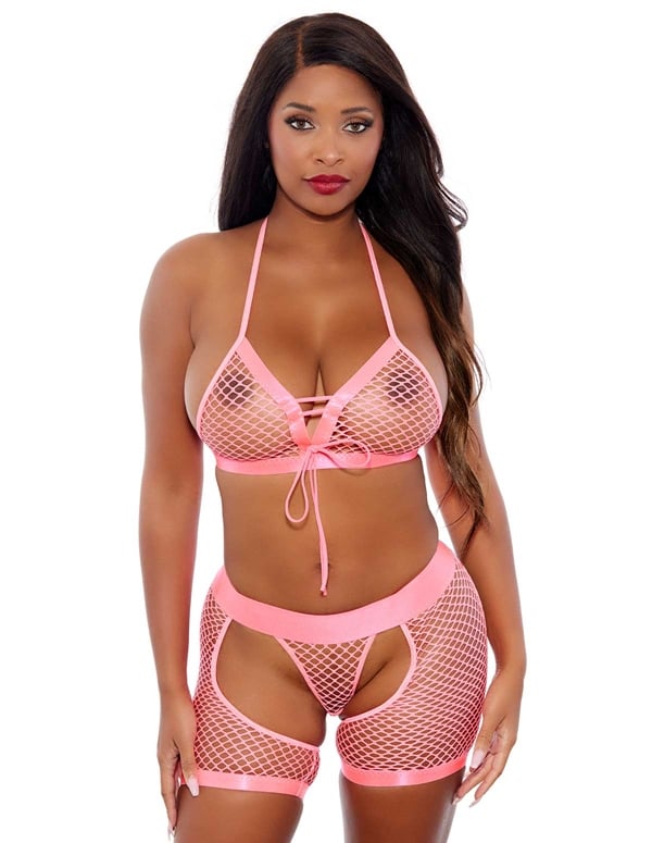 Fishnet Tri Top And Thong Set With Chaps default view Color: HP