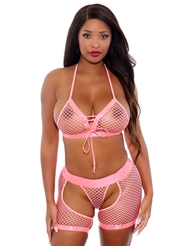 Front view of FISHNET TRI TOP AND THONG SET WITH CHAPS