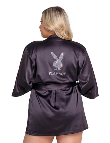 Set 2 Pezzi Donna Playboy Sparkling Bunny - Reggiseno E Pantaloncini In Raso Elasticizzato Con Cristalli - Nero - Taglie S-2XL