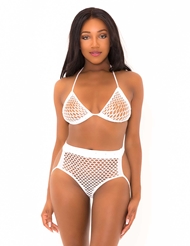 Front view of WHITE FISHNET OPEN BACK BRA AND PANTY SET