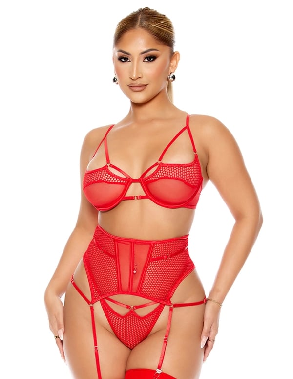 Caught Up Red O-Net 3Pc Bra And Cincher Set default view Color: RD