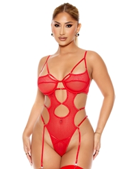 Front view of CAUGHT UP O-NET RED STRAPPY TEDDY