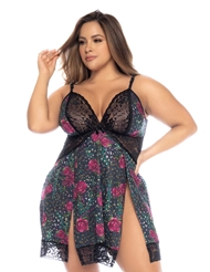 Front view of ROSE PRINT PLUS SIZE LOUNGE CHEMISE