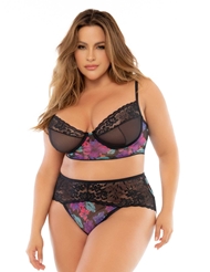 Front view of DREAM FLOWER SHEER MESH PLUS SIZE BRA AND PANTY SET