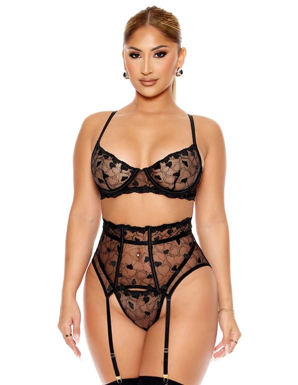 Heart You Embroidered Bra And Waist Cincher Set default view Color: BK