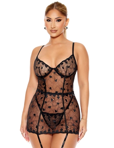 HEART YOU EMBROIDERED CHEMISE - 773106-BLK-04035