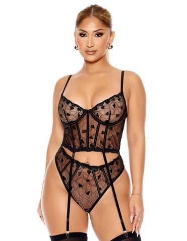 HEART YOU EMBROIDERED BUSTIER AND PANTY SET - 773104-BLK-04035