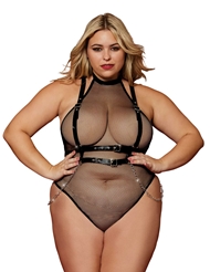 Front view of FISHNET PLUS SIZE TEDDY WITH FAUX-LEATHER HARNESS