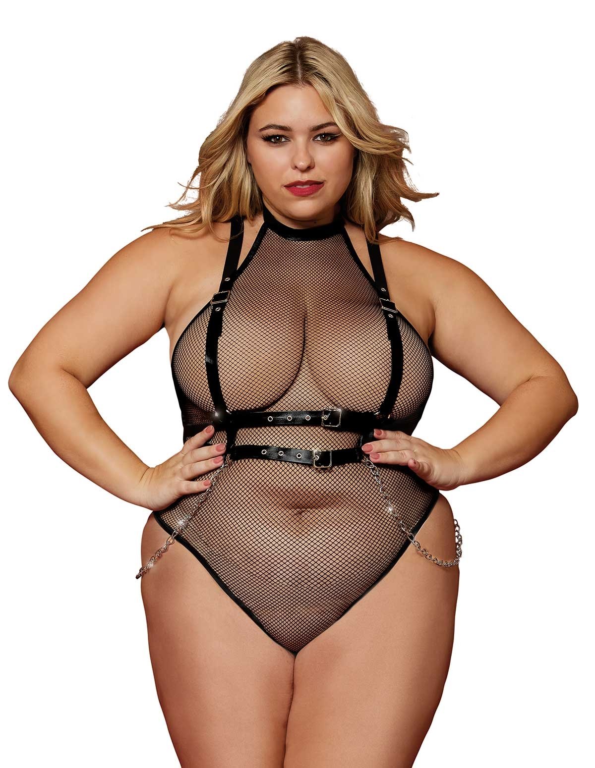 alternate image for Fishnet Plus Size Teddy With Faux-Leather Harness